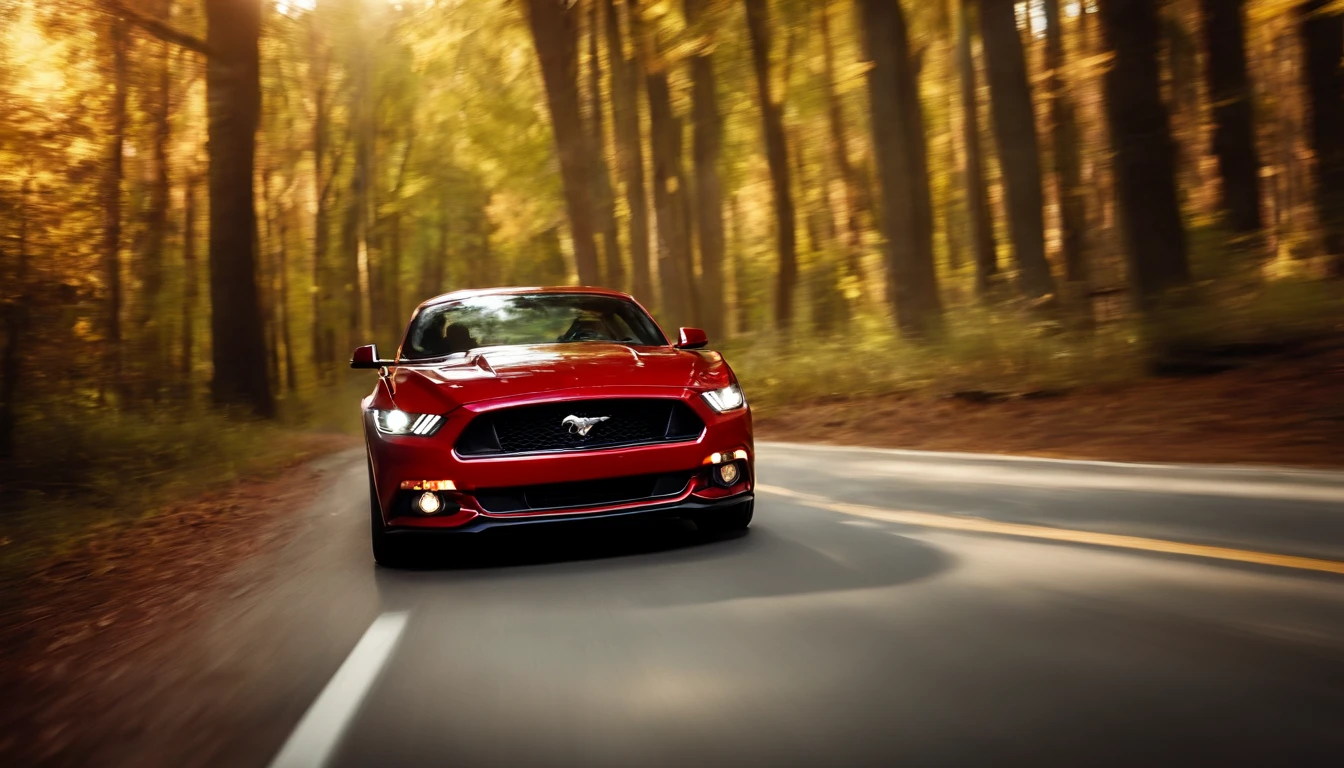 Ruby red 2015 Mustang Coupe racing down a forest road, season is fall, realistic