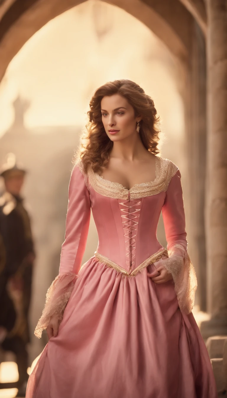 Image of a man, Sixteenth-century courtesan, with its beauty and charm, who conquered King Henry II of France. Create an image, conveying the atmosphere of the European court of the time and the relationship between Isabelle and the king. She wears a pink corset dress with a plunging neckline.