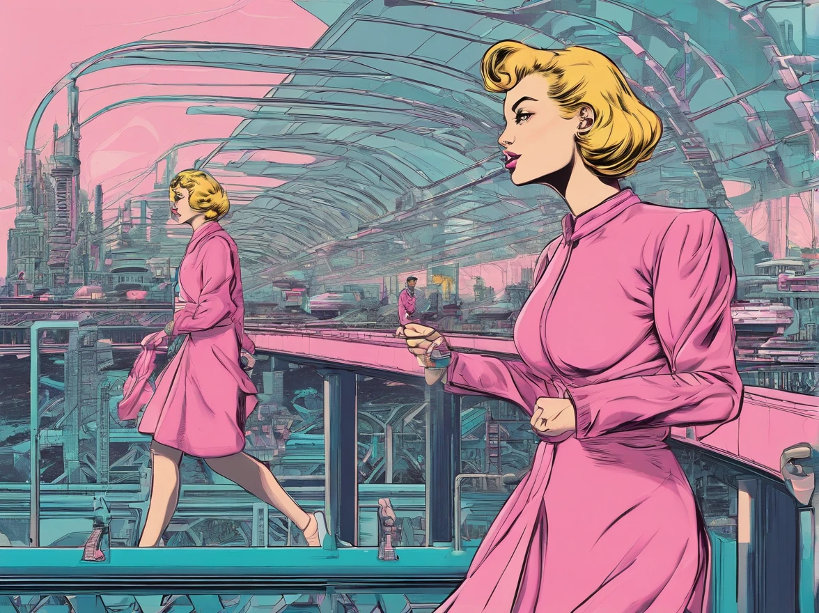 woman in pink shirt walking on a bridge, 2 seated men on the railing