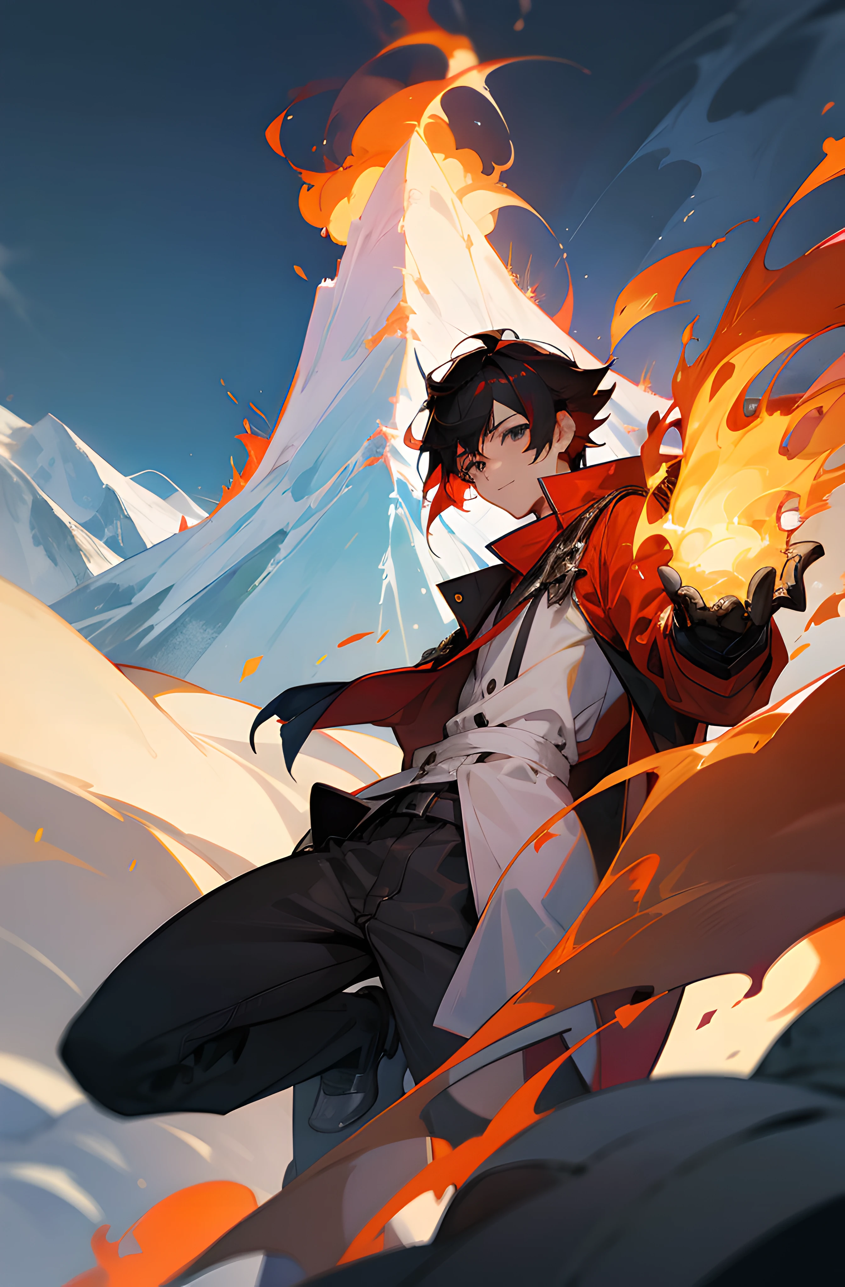 1male , , Black hair, red hair, white gloves, casual clothes , snapping, fire, mountain