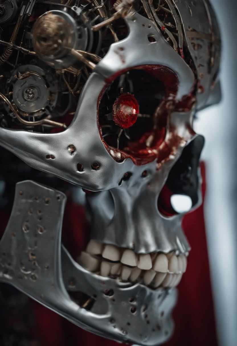 Creates a vampire face by breaking and showing the inside of the skull as part robot half lele and half parts WITH HUMAN SKIN