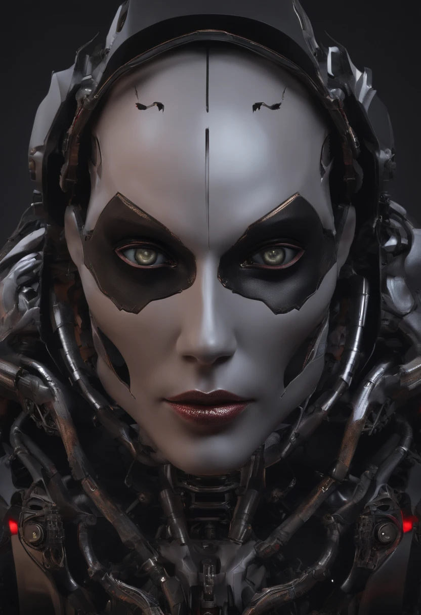 Creates a vampire face by breaking and showing the inside of the skull as part robot half lele and half parts WITH HUMAN SKIN