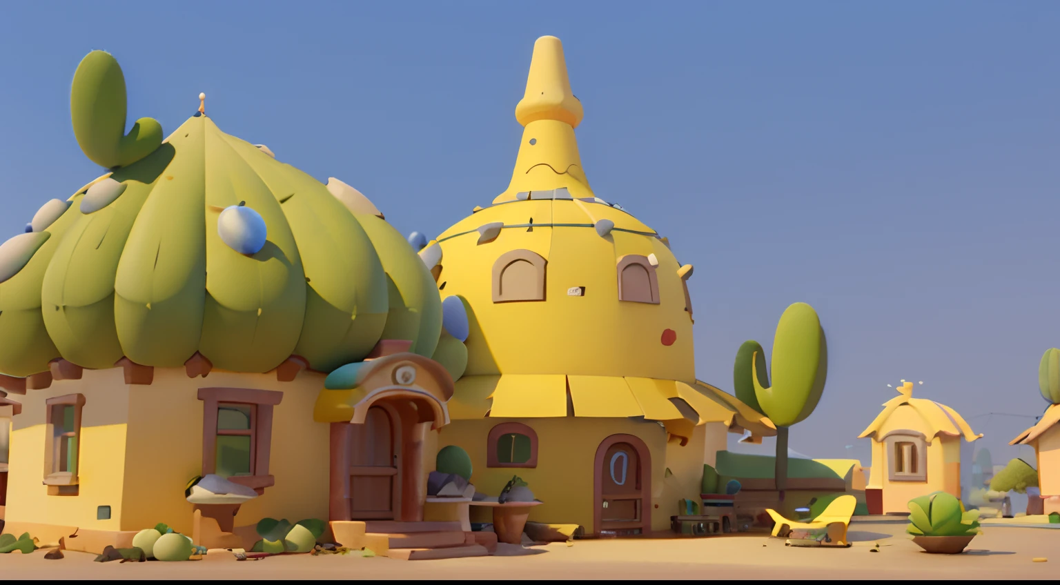 Game architectural design, Cartoony,Cactus House,The cactus matches the architecture,casual game style, Cactus architecture,C4D,closeup cleavage,tmasterpiece,super detailing,best qualtiy