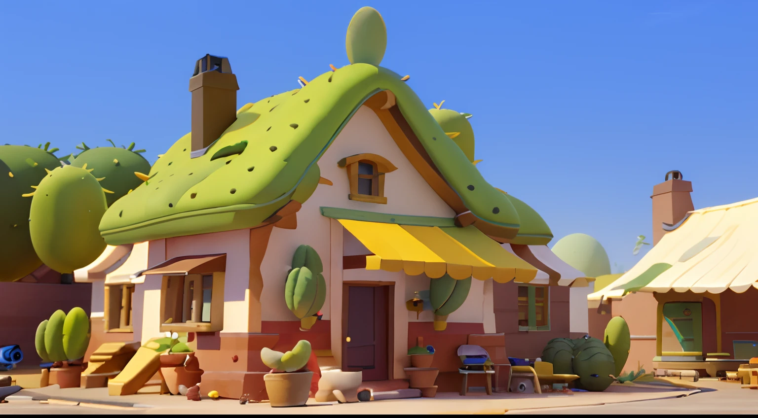 Game architectural design, Cartoony,Cactus House,The cactus matches the architecture,casual game style, Cactus architecture,C4D,closeup cleavage,tmasterpiece,super detailing,best qualtiy