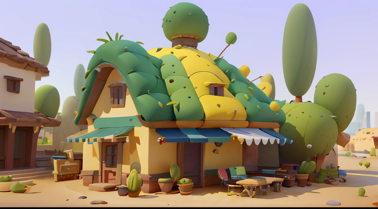 Game architectural design, Cartoony,Cactus House,The cactus matches the architecture,casual game style, Cactus architecture,C4D,closeup cleavage,tmasterpiece,super detailing,best qualtiy