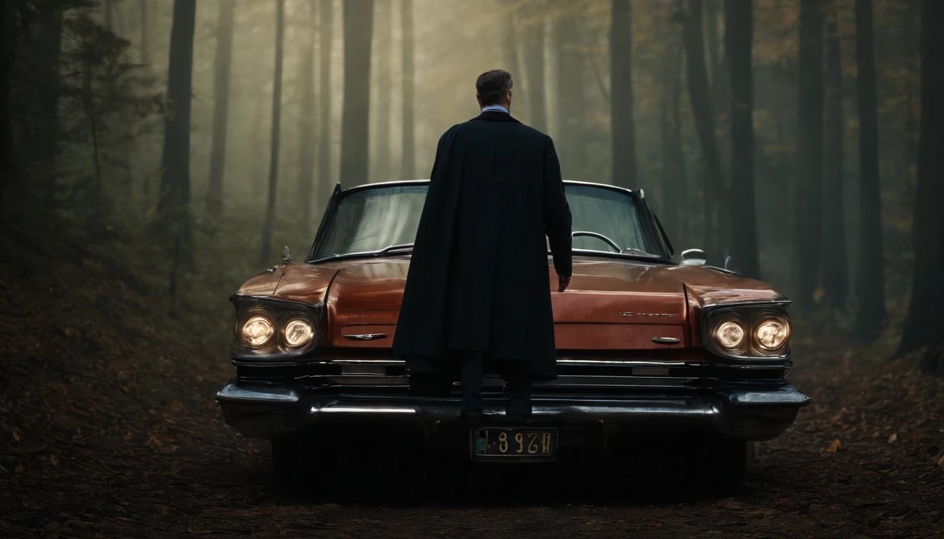 80s film poster on a road where a car is stopped, a detective is outside looking at a mark of blood on the ground behind the car, it's the detective in a forest, it's dusk, the title of the film is "Cranillology"