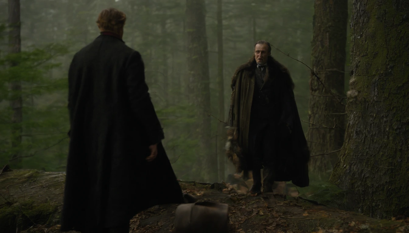 in frame, the night, lock "Bran" On the hill, Ao fundo. Dense forest on the sides. There are 4 characters in the foreground: Classic Dracula in Dracula costume, Victor Frankenstein from the movie, Frankenstein's monster from the movie, Young Baba Yaga (From Russian fairy tales) and a vampire girl with two clacks in her mouth.