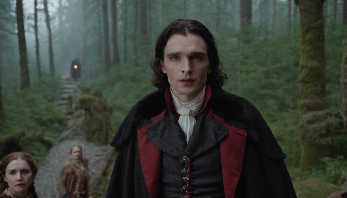 in frame, the night, lock "Bran" On the hill, Ao fundo. Dense forest on the sides. There are 4 characters in the foreground: Classic Dracula in Dracula costume, Victor Frankenstein from the movie, Frankenstein's monster from the movie, Young Baba Yaga (From Russian fairy tales) and a vampire girl with two clacks in her mouth.