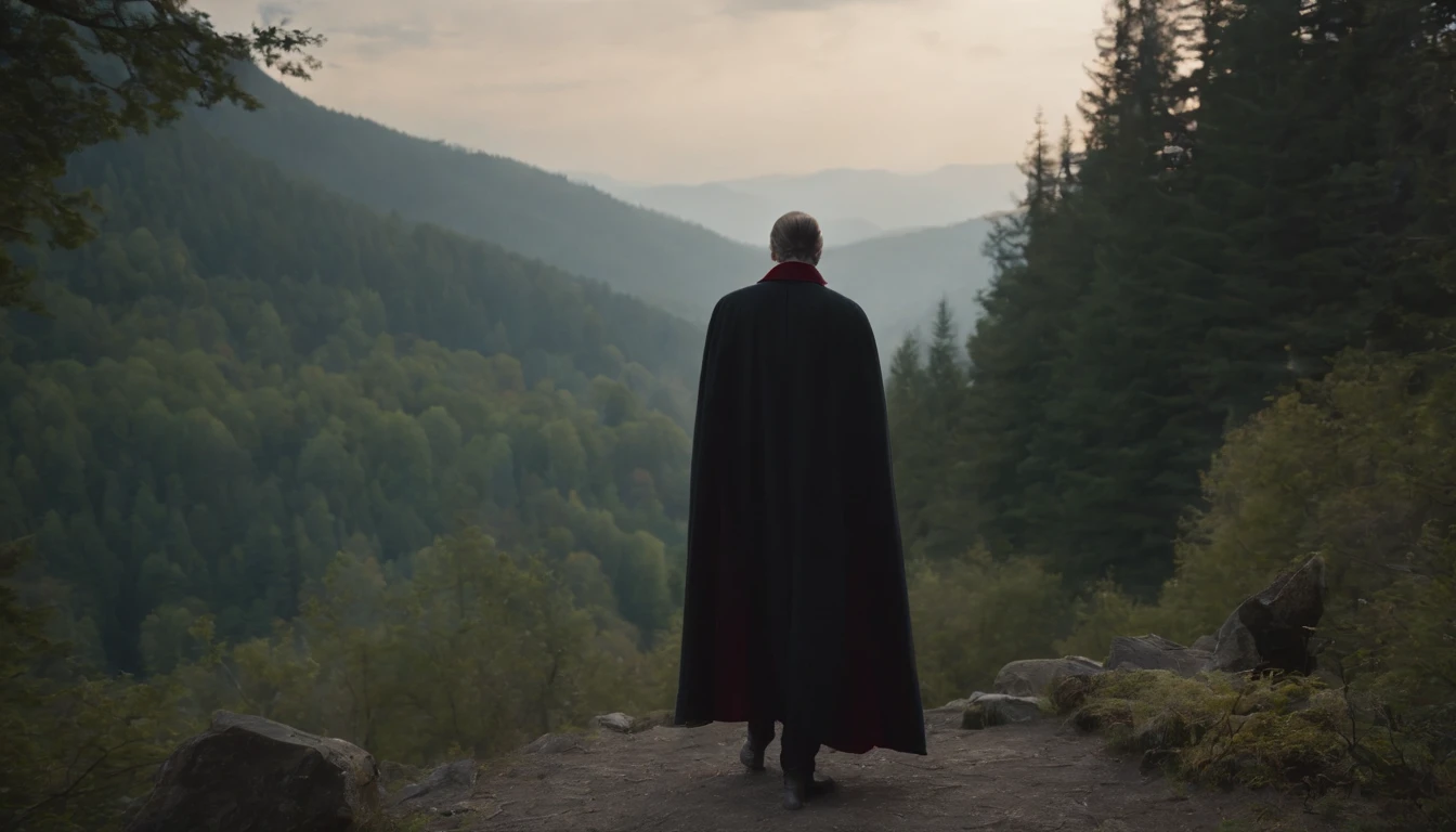 in frame, the night, lock "Bran" On the hill, Ao fundo. Dense forest on the sides. There are 4 characters in the foreground: Classic Dracula in Dracula costume, Victor Frankenstein from the movie, Frankenstein's monster from the movie, Young Baba Yaga (From Russian fairy tales) and a vampire girl with two clacks in her mouth.