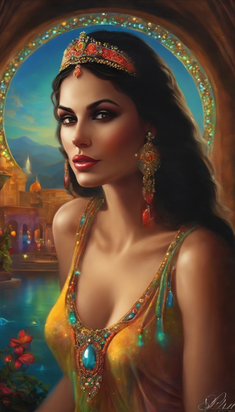 Parmi les cascades, a splendid man and a beautiful girl shone like a precious jewel, Its beauty rivaling the glittering droplets. Her unique blend of modern and beautiful styles reflected her vibrant personality and brought joy to all who witnessed her charm, High gloss and shine, Multicolored Neon Art