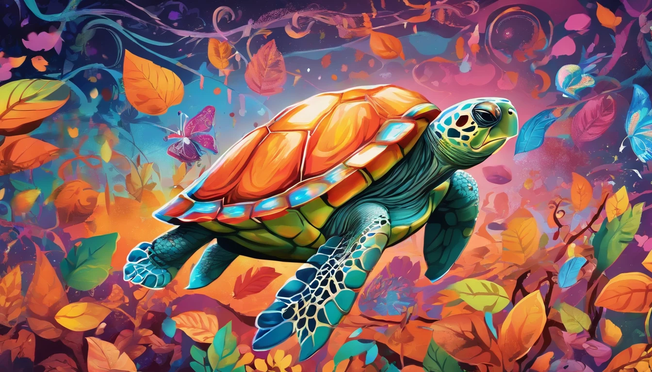 (high quality,realistic,photorealistic:1.37),cute Halloween themed turtle,pumpkin-shaped shell,rainbow-colored shell,polka dot ribbons on shell,smiling face,sparkling eyes,friendly expression,happy dancing turtle,falling leaves background,soft lighting,vibrant colors,immaculate details,playful pose,joyful atmosphere,nighttime scene,full moon,stars in the sky