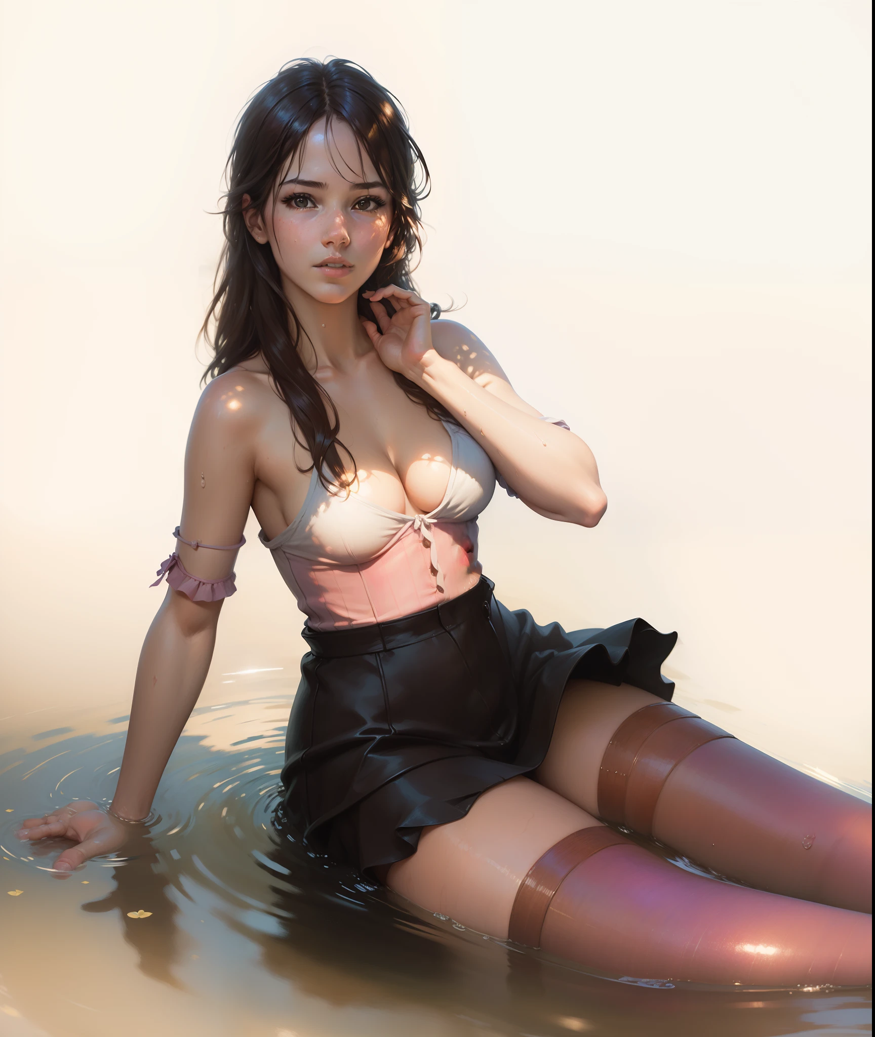 close up portrait of a cute woman (gldot) bathing in a river, reeds, (backlighting), realistic, masterpiece, highest quality, lens flare, shade, bloom, [[chromatic aberration]], by Jeremy Lipking, by Antonio J. Manzanedo, digital painting,