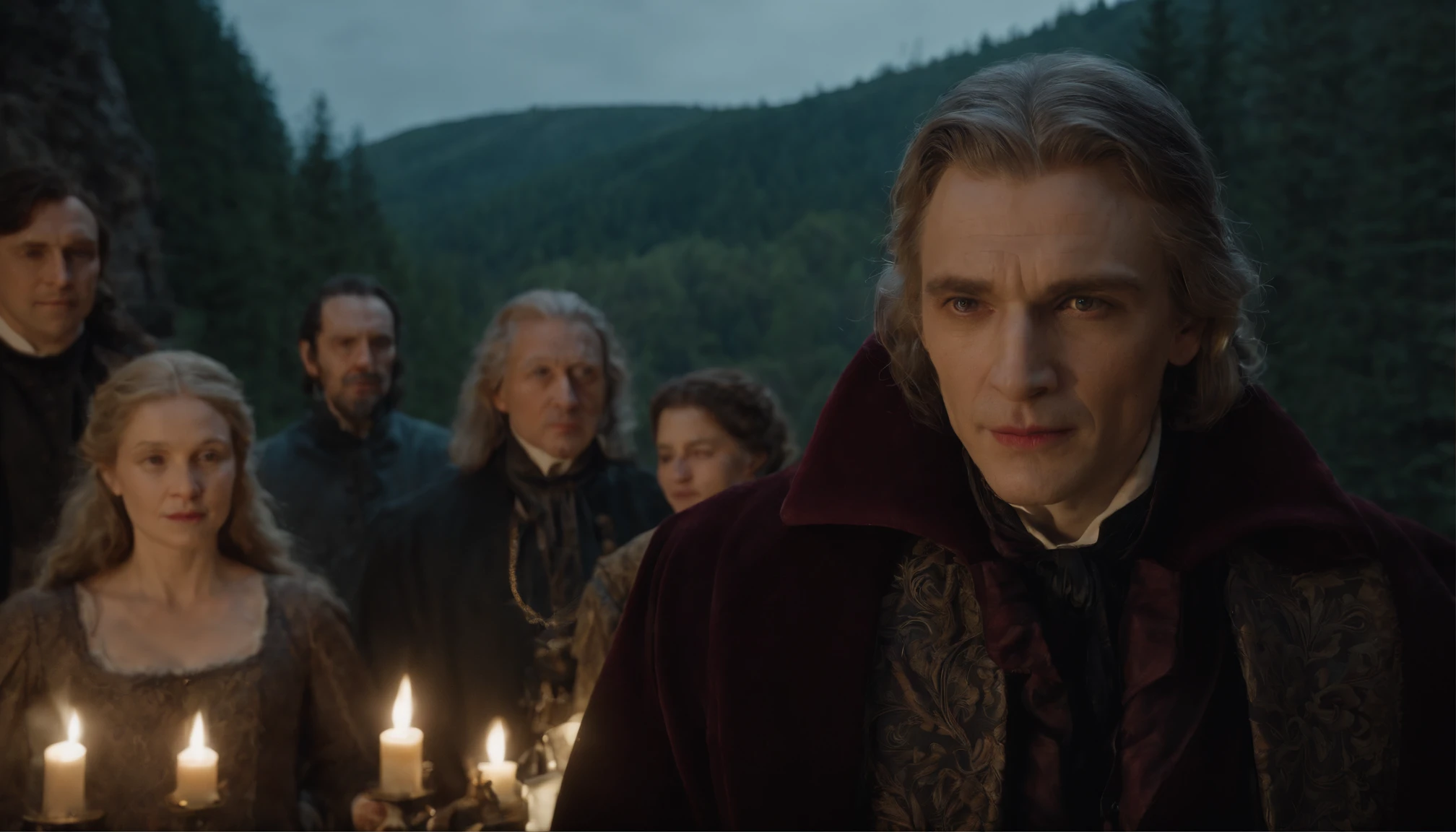 in frame, the night, lock "Bran" On the hill, Ao fundo. Dense forest on the sides. There are 4 characters in the foreground: Classic Dracula in Dracula costume, Victor Frankenstein from the movie, Frankenstein's monster from the movie, Young Baba Yaga (From Russian fairy tales) and a vampire girl with two clacks in her mouth.