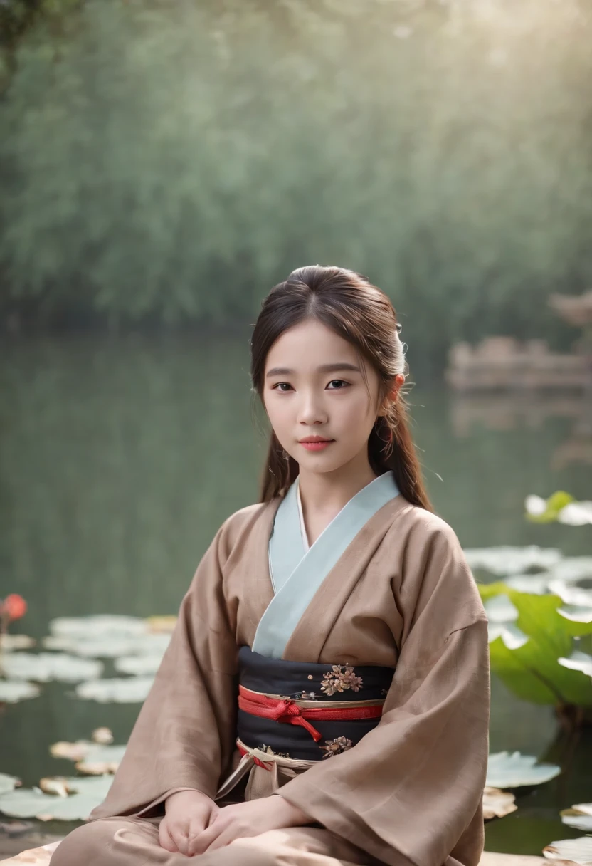 Aalfelderd asian girl in brown kimono sitting on the floor, Lotus pond , A girl in Hanfu, Chinese girl, Cute young girl, Wearing ancient Chinese clothes, Cute and lovely, Cute cute, cute kawaii girls, cute beautiful, Young Asian girl, young and cute girl, little shy smile, Traditional Chinese clothing, Hanfu, Beautiful young girl, Cute girl
