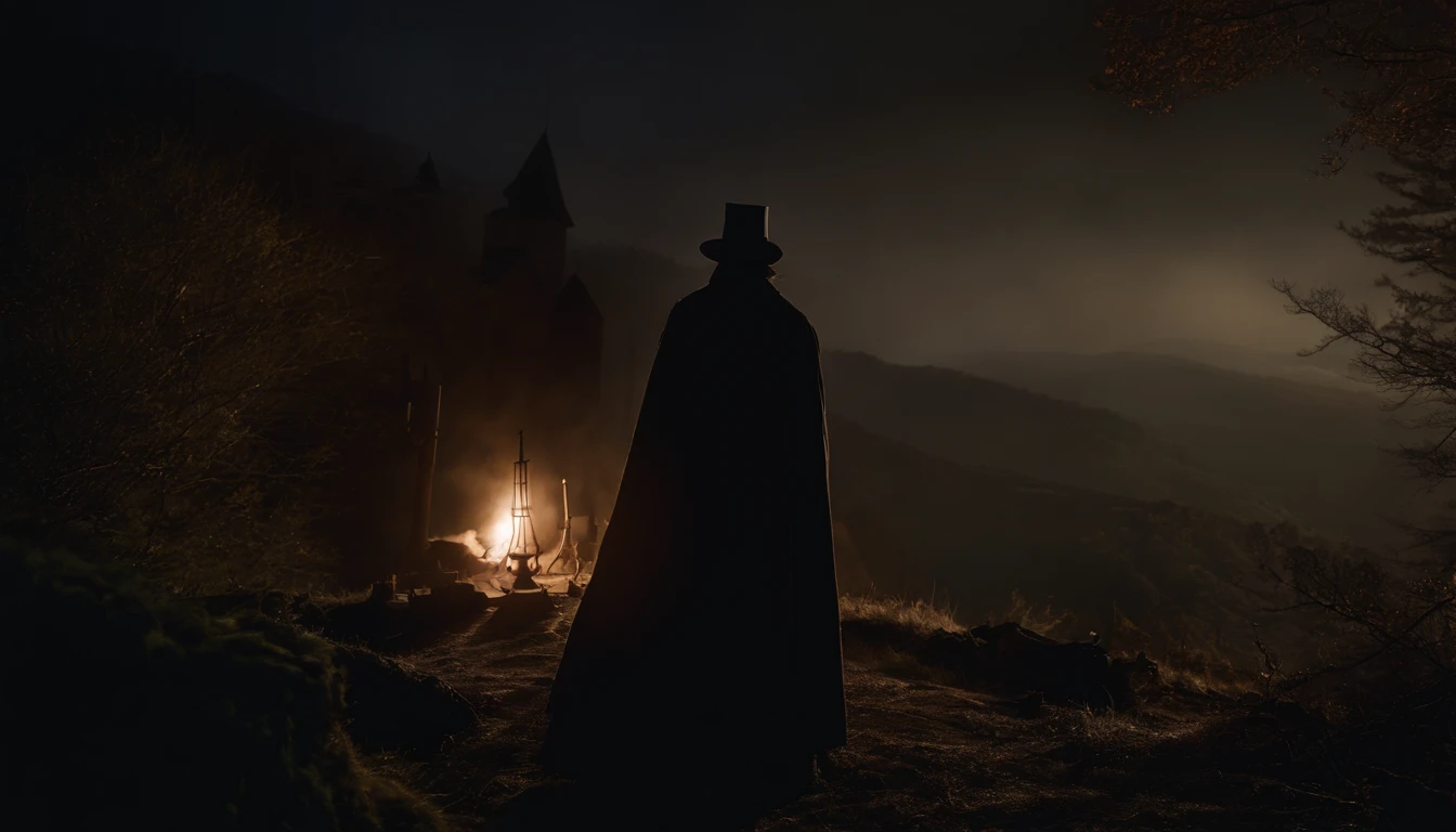 in frame, the night, lock "Bran" On the hill, Ao fundo. Dense forest on the sides. There are 4 characters in the foreground: Classic Dracula in Dracula costume, Victor Frankenstein from the movie, Frankenstein's monster from the movie, Young Baba Yaga (From Russian fairy tales) and a vampire girl with two clacks in her mouth.