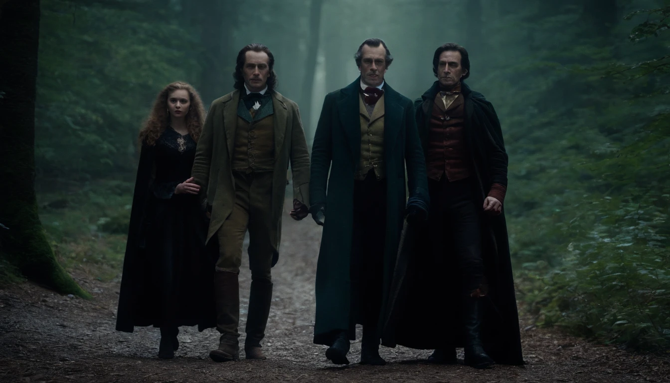 in frame, the night, lock "Bran" On the hill, Ao fundo. Dense forest on the sides. There are 4 characters in the foreground: Classic Dracula in Dracula costume, Victor Frankenstein from the movie, Frankenstein's monster from the movie, Young Baba Yaga (From Russian fairy tales) and a vampire girl with two clacks in her mouth.