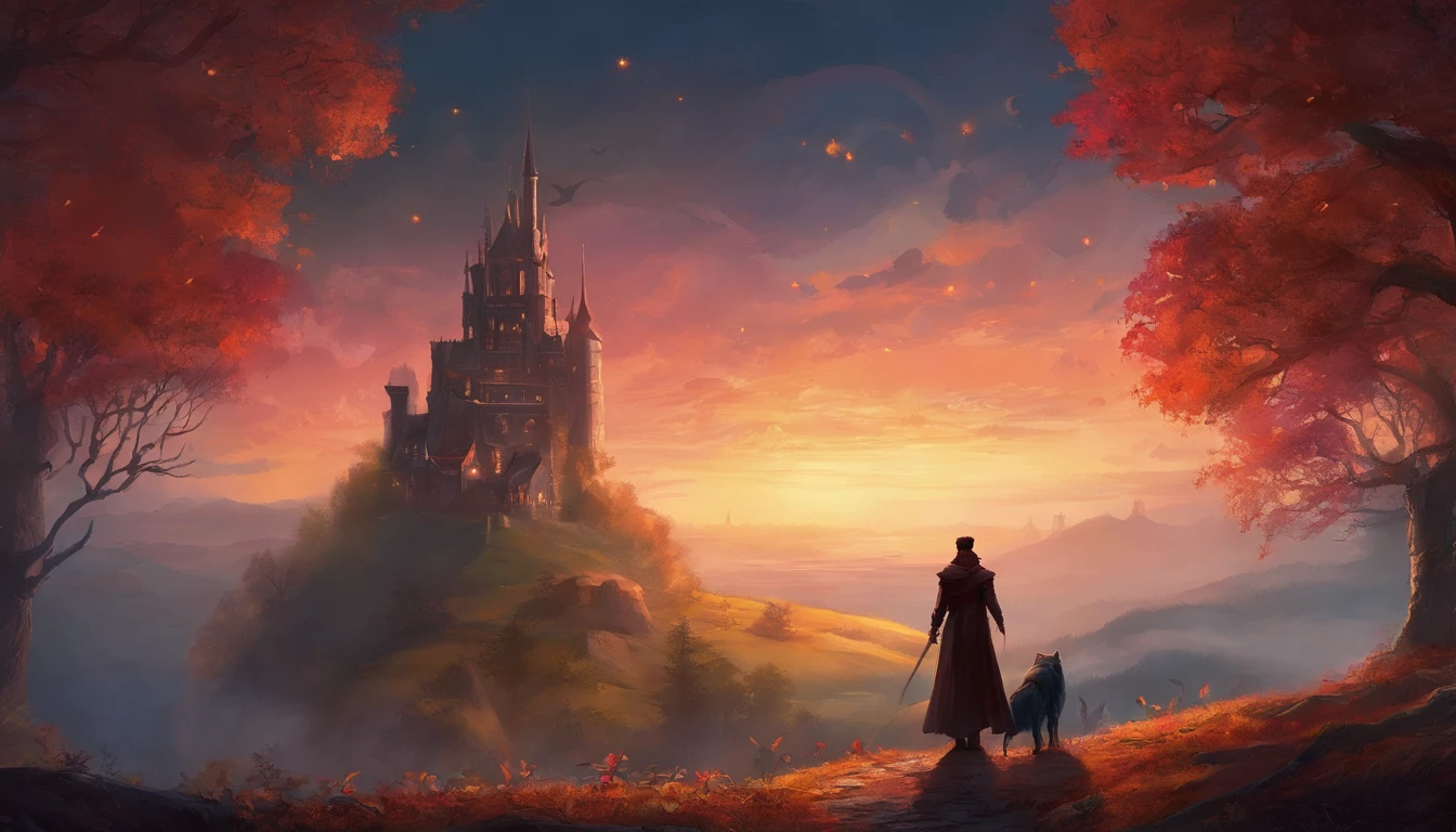 in frame, the night, lock "Bran" On the hill, Ao fundo. Dense forest on the sides. There are 4 characters in the foreground: Classic Dracula in Dracula costume, Victor Frankenstein from the movie, Frankenstein's monster from the movie, Young Baba Yaga (From Russian fairy tales) and a vampire girl with two clacks in her mouth.