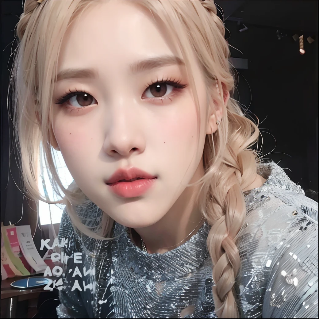 A closeup of a woman with a braid in a silver dress, Parque Roseanne do Blackpink, jossi do blackpink, Retrato de Jossi de Blackpink, wan adorable korean face, Dom Yunjoo, Heonhwa Choe, Gongbi, 韓国アイドル, portrait of kpop idol, Portrait of female Korean idol, Jinyoung Canela, jia