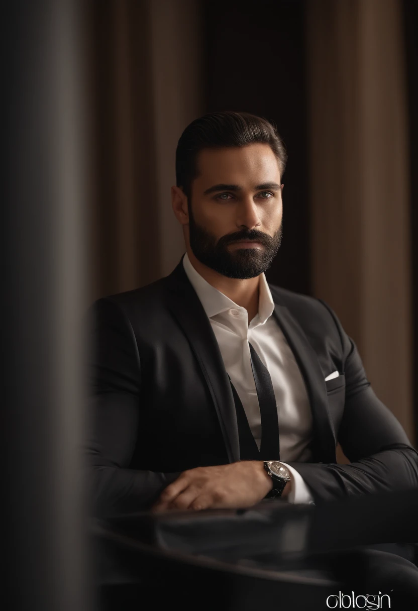 acima、Make a handsome man in his 30s in a black suit and tie, CEO, cabelos loiros escuros e barba, (Homem de terno preto e gravata), ), (Use barba,) attractive and serious appearance, cabelos curtos e escuros, Elegante e elegante, Barbear com um ajuste perfeito e um corpo forte, (alta qualidade, Imagens realistas), Preto escuro e claro no fundo da imagem, Filmstil, ((Qualidade Superior, 8k, obra-prima), Foto Ultra Hi-Definition, (Rostos bonitos detalhados, Textura detalhada da pele, corpo hiperdetalhado:1.1)