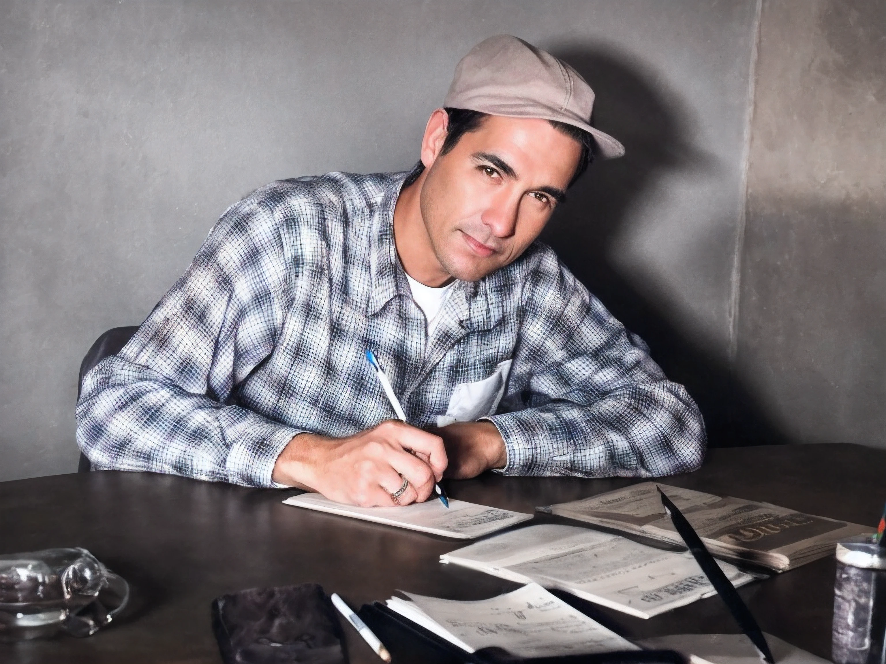 there is a man sitting at a table with a pen and paper, Black-haired man with a grey hat on his head, cara com alguns pontos negros e marcas, camisa aos quadrados brancos e pretos com uma tshirt branca por baixo, Got a ring on his right hand, anel de ouro com uma pedra vermelha, Holds a pencil in his hand, mesa com papeis, cinzeiro, caneta de tinta permanente antiga, folhas jornais, bloco de notas, amazing photograph, best quality, 8K, high quality, Ultra detailed, (best quality), (high detailed skin, full sharp:1.2), 8k uhd, dslr, detailed face