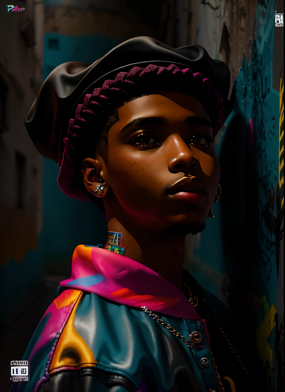 Capa de disco, rapper negro latino,realista, na cidade grafites coloridos ao fundo nas paredes