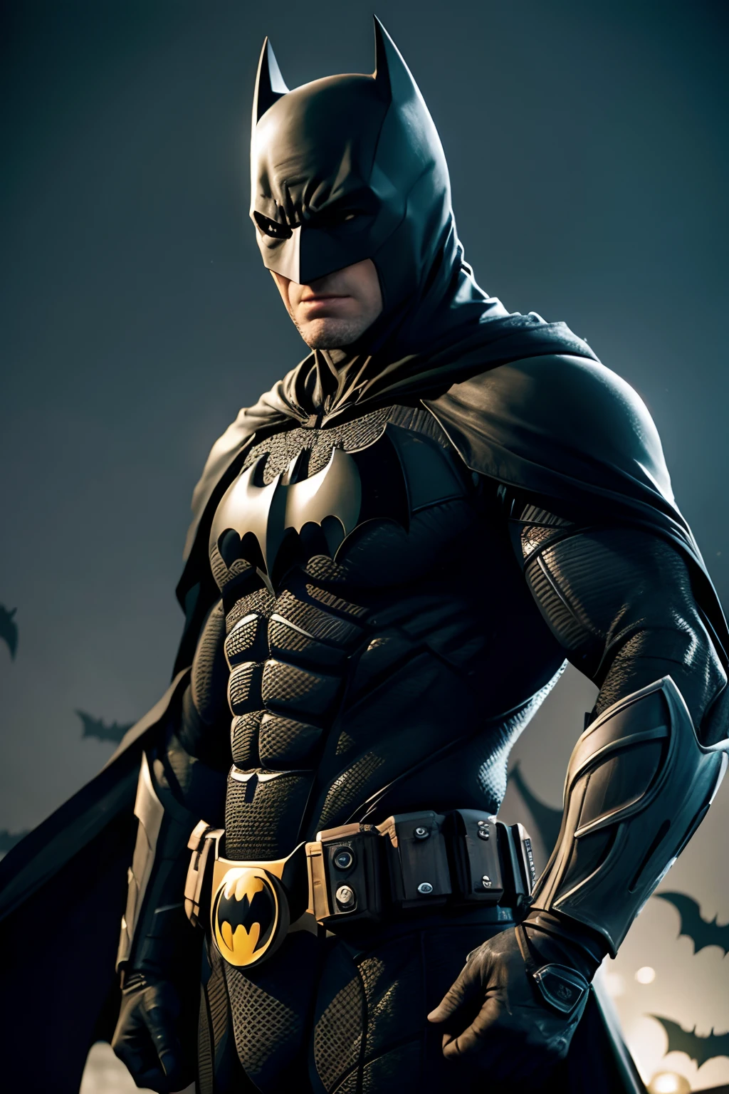 Batman looking gotham, high definition, detailed face, detailed face, detailed eyes, detailed suit, Marvel and DC style, hyper-realistic, + cinematic plan + dynamic composition, incredibly detailed, sharpness, detail + superb details + night with light + perfectionism + award-winning realism ((soft lighting))