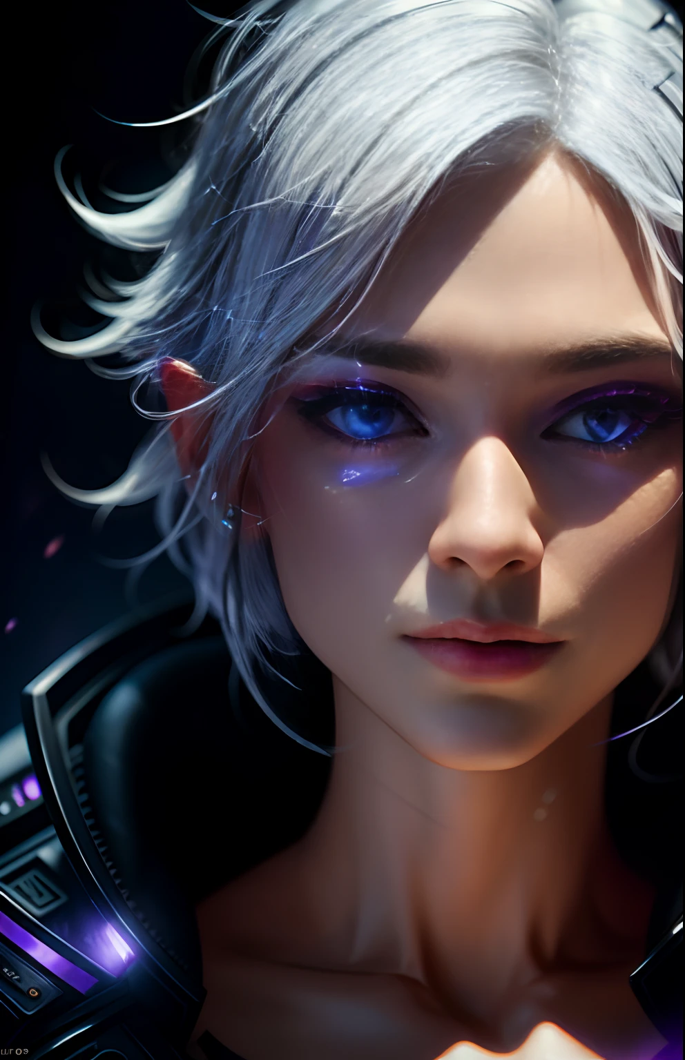 Best Quality, Realistic, (Complicated Detail: 1.2), (Fine Detail), (Complicated Detail), (Movie Lights, Best Quality Backlight), Crisp Lines, Sharp Focus, Official Art, Unity 8k Wallpaper , absurd, unbelievably absurd, huge file size, ((triangular close-up photo from award-winning studio)), 1girl, very pretty, 98D boobs, ((supermodel pose)), white hair, purple eyes, Volumetric Lighting, Cinematic Lighting, Cinematic Effects