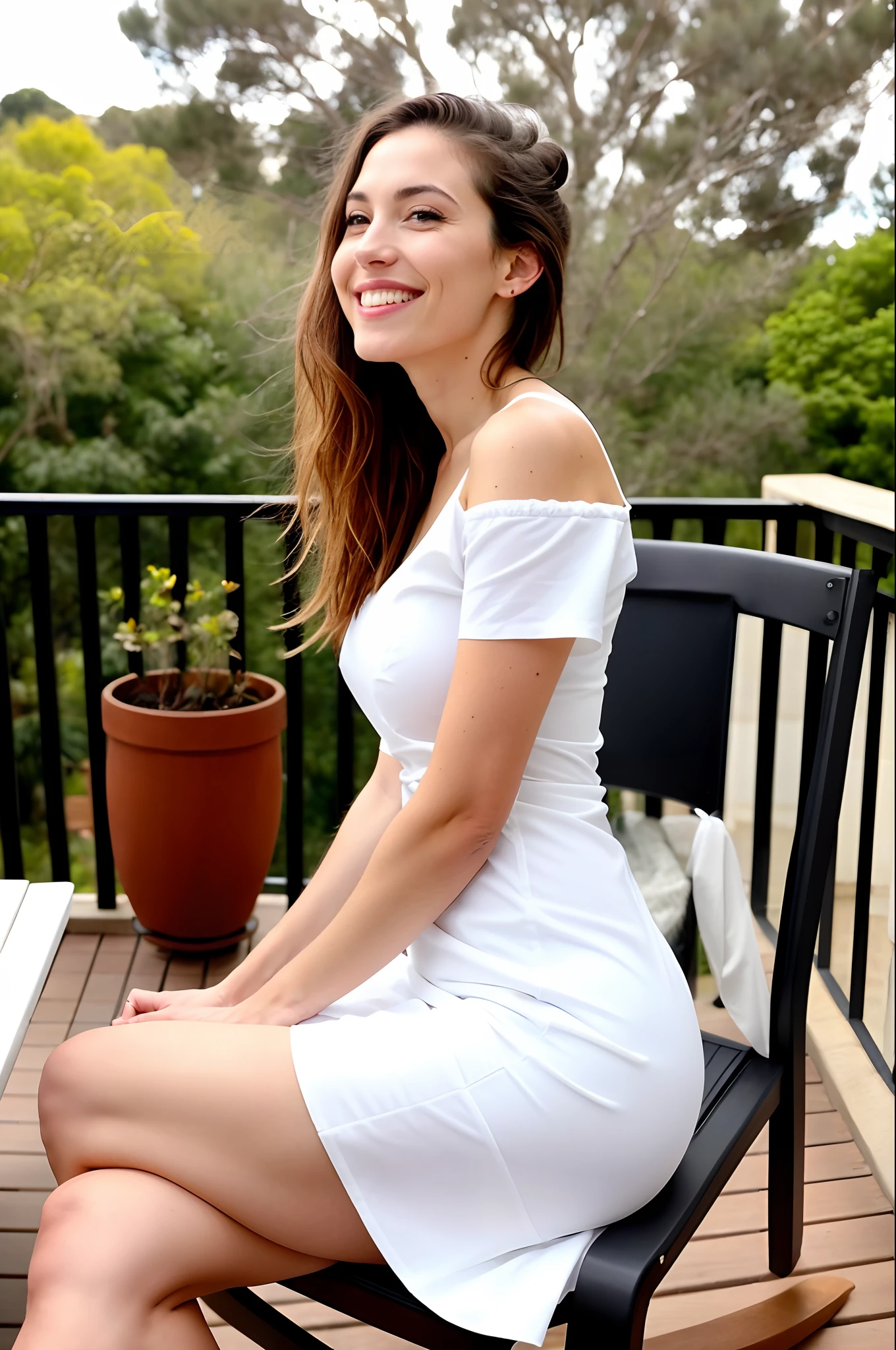 Beautiful 26 years old woman, 170cm high, 60 kg weight, white skin, long curly dark hair, green eyes, hairstyle, wearing white front knot dress, heels, looking to somewhere else, (((garden restaurante))), sit close to the window, laughing out loud, natural morning light, realistic portrait, highly detailed, analog style, underboob, (((full body))),