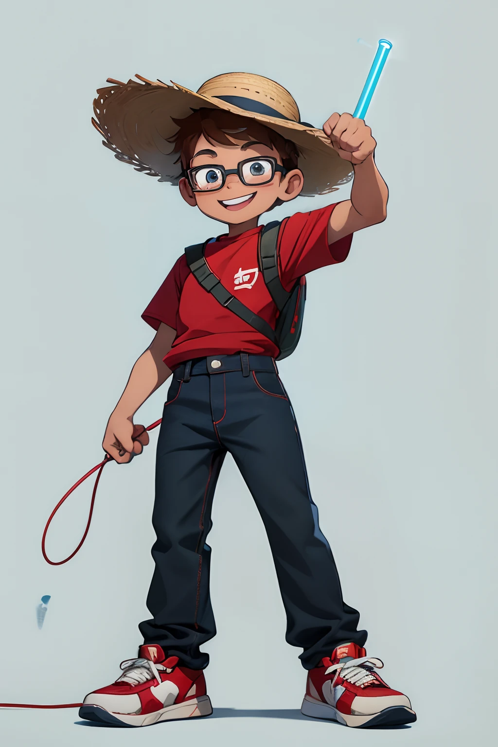 A young boy in a cartoon style. Happy face. The boy is wearing a red shirt. He has blue jeans pants and red and white sneakers. Green backpack. He wears thin black glasses and a straw hat light brown hair. Front view. Right fist raising. White background.