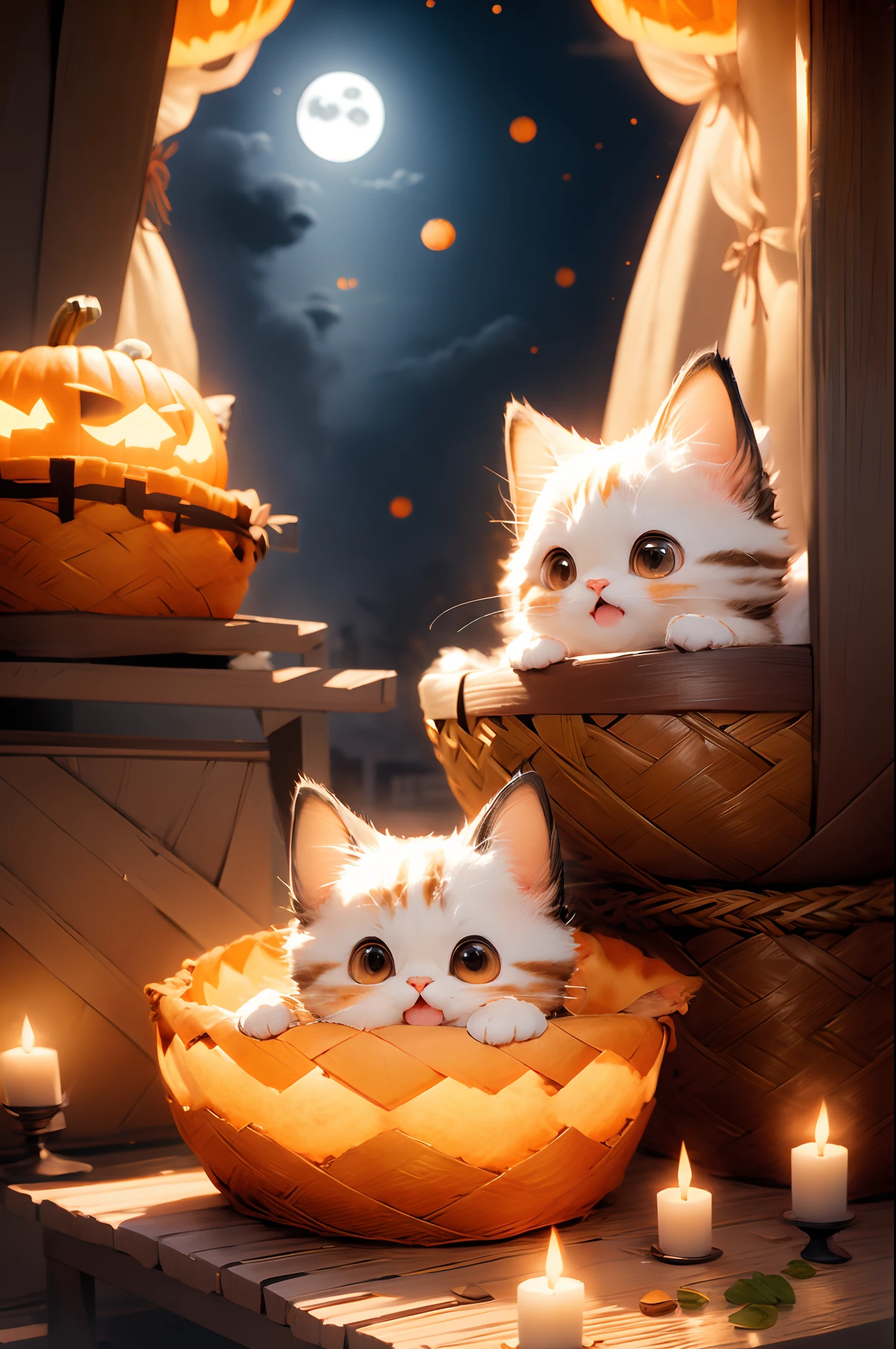 2 cats, cute, big eyes, fluffy fur, orange cats, hanging out in top of pumpkin basket, anime style, unreal engine 4k, highly detailed, excellent picture, composition, 4k, halloween night, moonlight, moon in the background