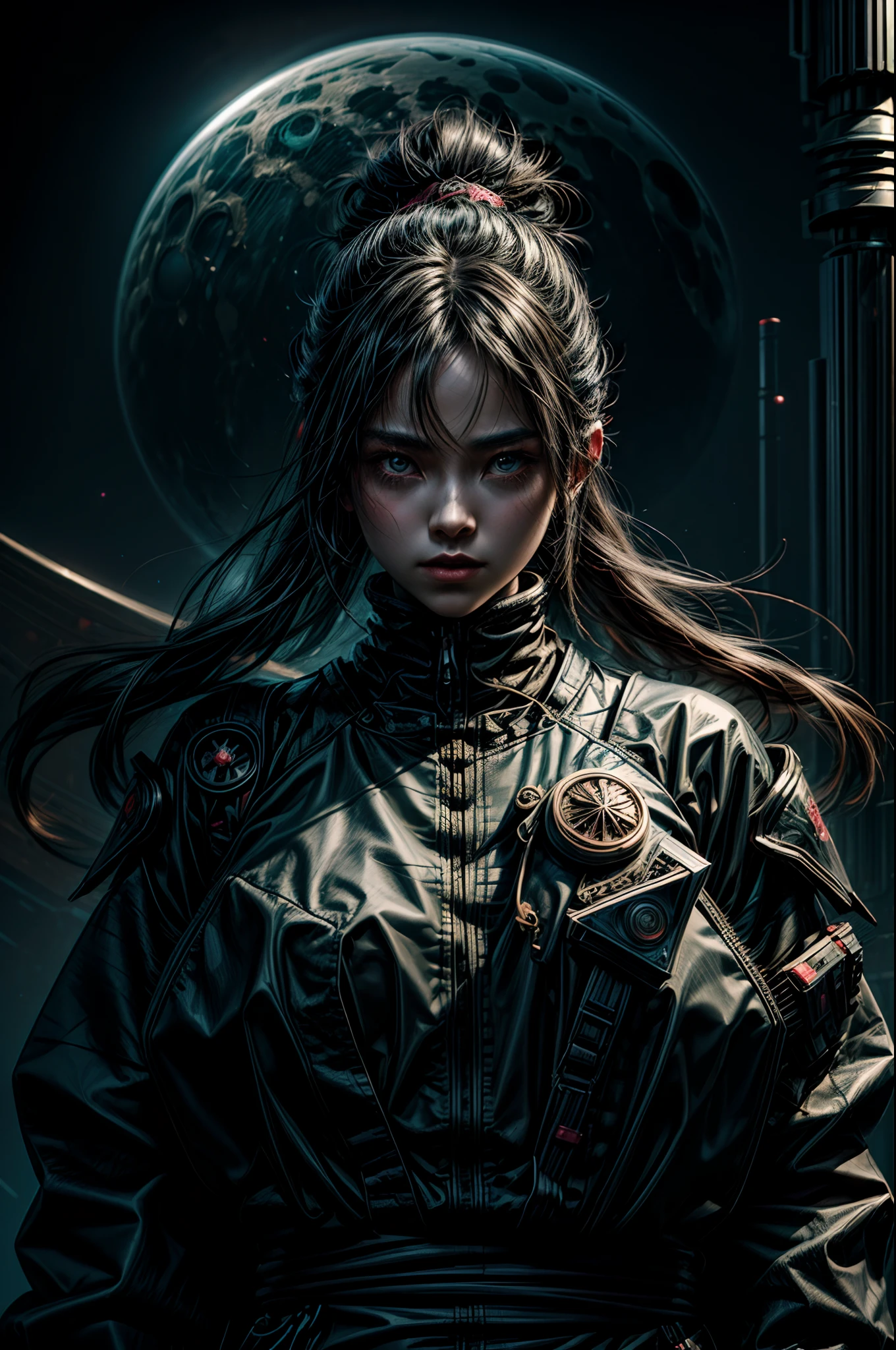 "Girl in sci-fi attire, masterful shinobi, cosmic katana, vast space, planetary wonders, (science fiction dreams), mist-shrouded landscape, captivating and surreal"