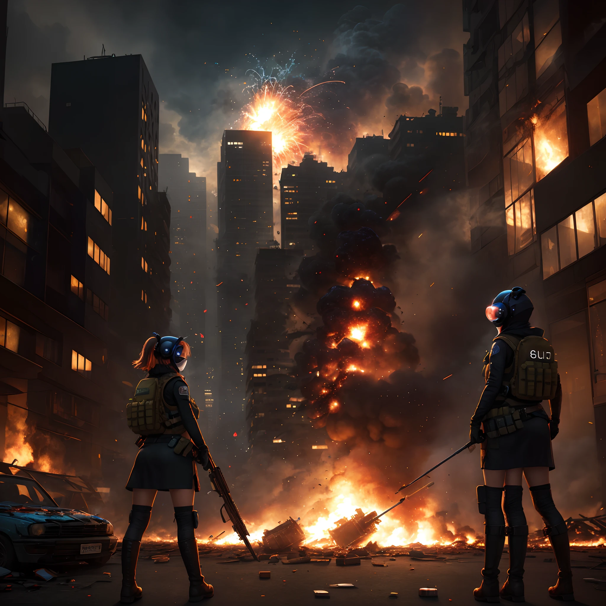 ((high quality)), ((masterpiece)), 8k, 2girls, bulletproof vest, light rays, extremely detailed CG unity 8k wallpaper, game cg, looking at viewer, gloves, boots, full body, watch, bent over computer, mask, drone, holding weapon, , headphones, jacket, (background destroyed city , explosion , smoke