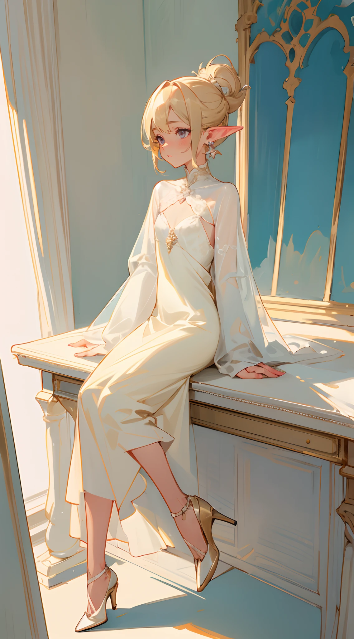 Mature woman woman , light skin , silver eyes , blonde hair , elf ears , small chest , hair in an up-do style , smaller more mature eyes , age 26
Wearing a pearlescent white dress , pearl earrings , high heels pumps , hair in an up do , modern fashion , sitting on the edge of a desk , brightly lit room, thinking expression ,
(masterpiece, best quality )detailed, 1Character , pastel washed out colors , cell shade , soft, muted shades ,gentle colors ,