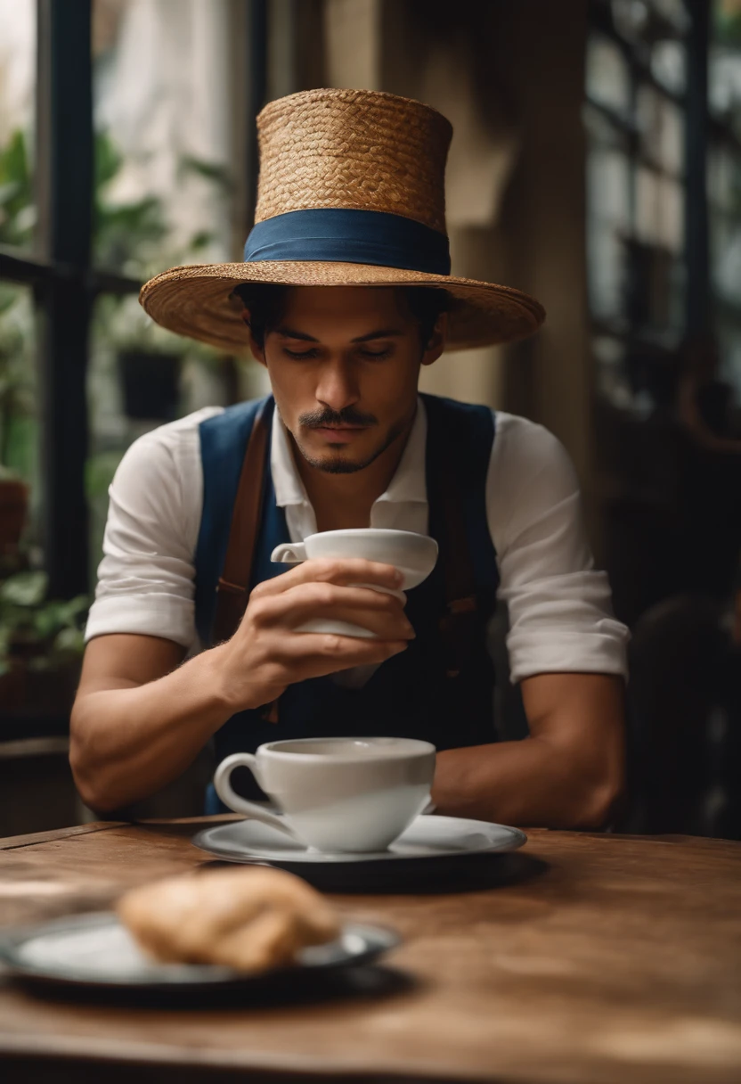 PERSONNAGE RESSEMBLANT A LUFFY ONE PIECE avec chapeau de paille, drinking coffee, dim lighting, chef-d'work, beste-Qualit, 8k uhd, dslr, grain de film, Fujifilm XT3 photorealist painting art by midjourney and greg rutkowski