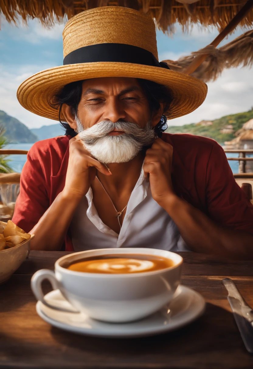 PERSONNAGE RESSEMBLANT A LUFFY ONE PIECE avec chapeau de paille, drinking coffee, dim lighting, chef-d'work, beste-Qualit, 8k uhd, dslr, grain de film, Fujifilm XT3 photorealist painting art by midjourney and greg rutkowski