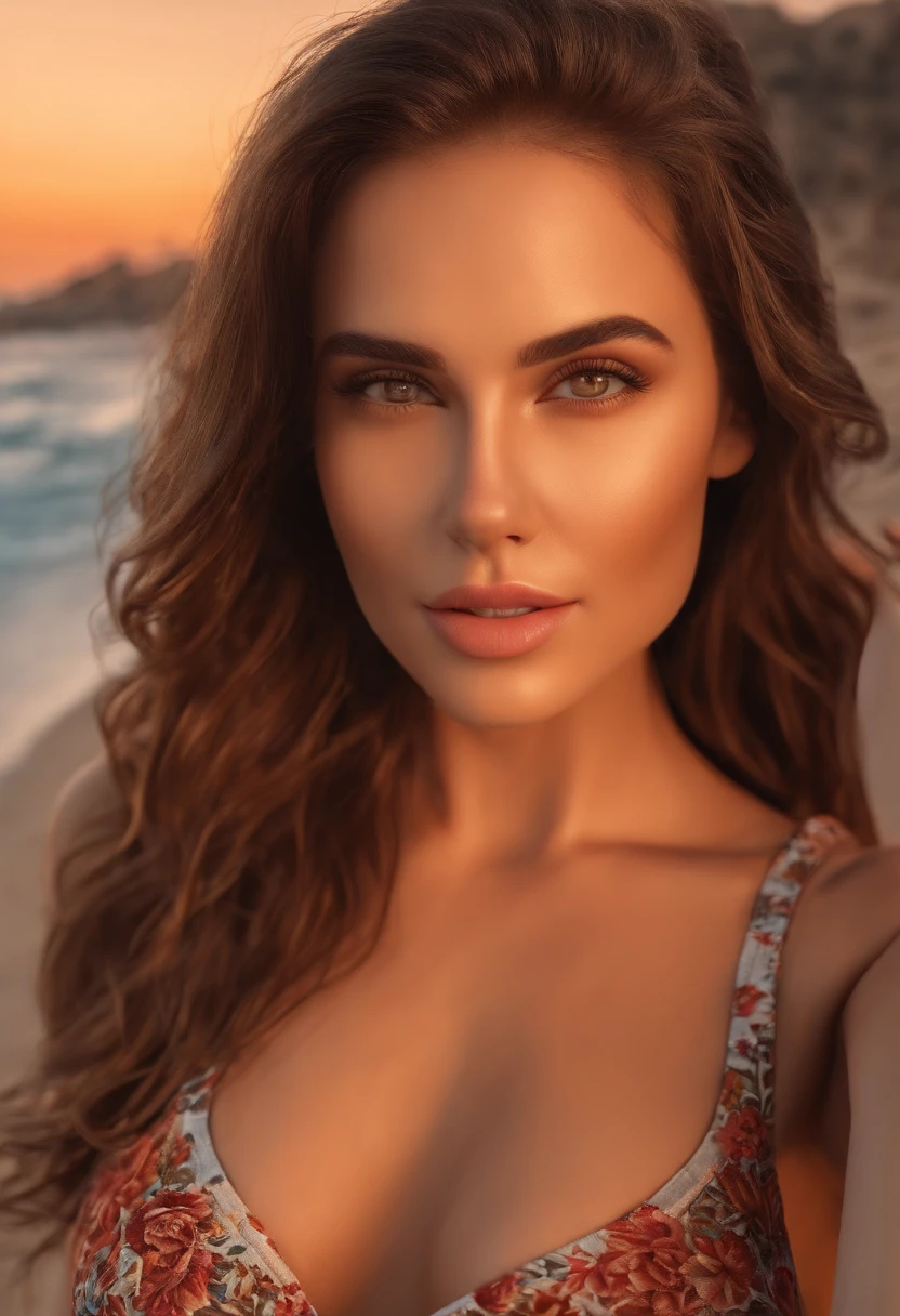 woman fully , sexy girl with brown eyes, ultra realistic, meticulously detailed, brunette hair, selfie of a young woman, bedroom , natural makeup, sexy bathingsuit face with artgram, stunning full body .on the beach large size bust;