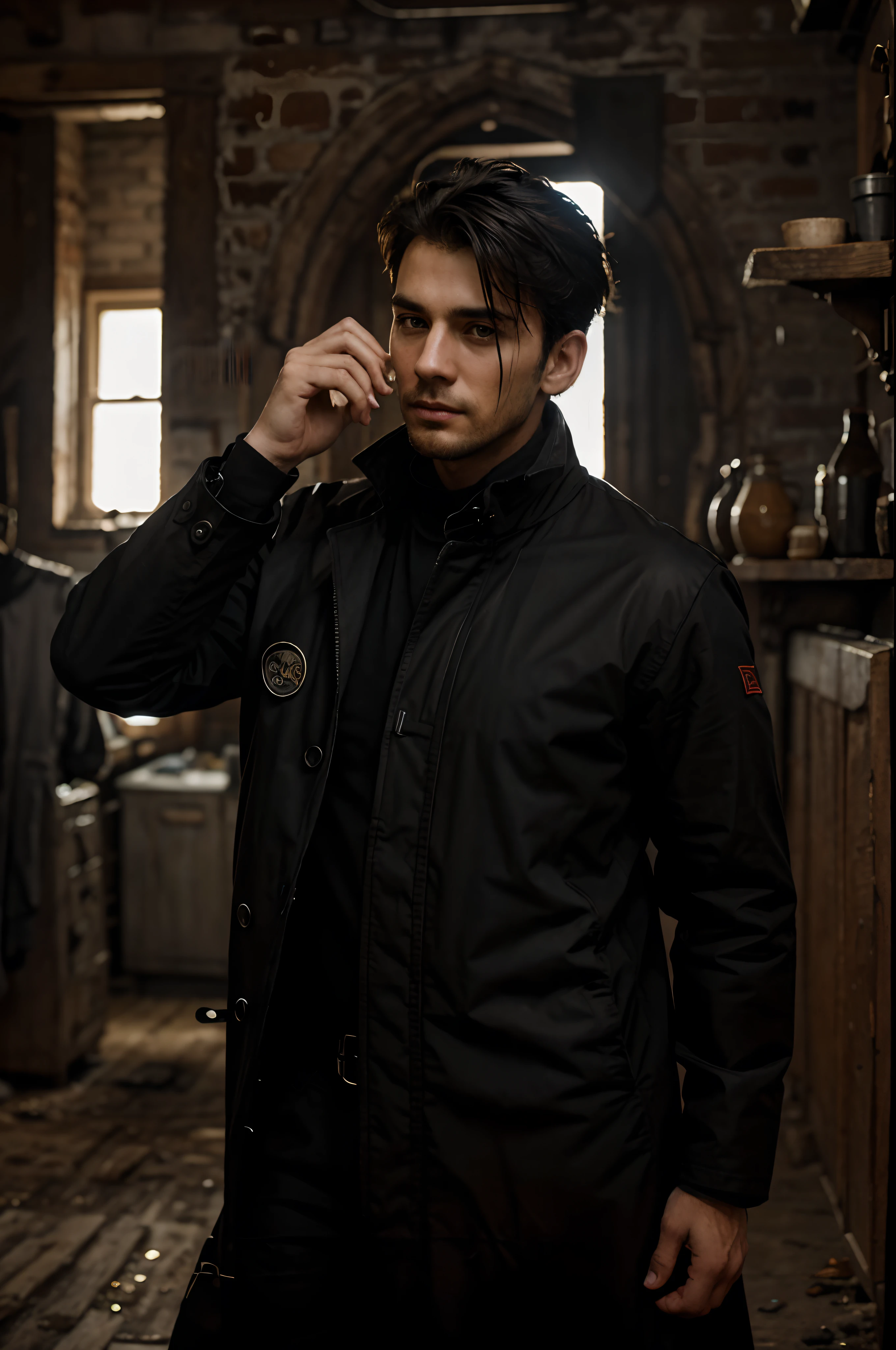 Handsome boy in black pentcoat standingin farmhouse, cyberpunk