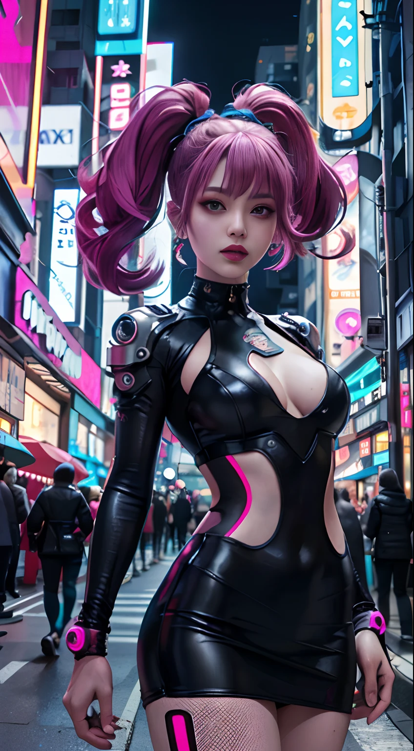 masterpiece, best quality, 2 confident cyberpunk girls holding hands, Harajuku-inspired outfit, bold colors and patterns, eye-catching accessories, trendy and innovative hairstyle, vibrant makeup, Cyberpunk dazzling cityscape, skyscrapers, neon signs, LED lights, bright and vivid color scheme, anime, illustration, detailed skin texture, detailed cloth texture, beautiful detailed face, intricate details, ultra detailed.