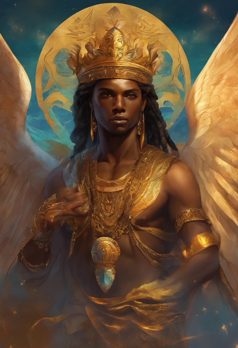 An 8K high-definition portrait of an African black man, anjo de 18 anos, de corpo inteiro, beleza do Deus Ebano, beleza de um deus, muito bonito ((Um homem africano negro, anjo)) A black angel man with several majestic wings, cabelos longos e cacheados, Deus do Mar, Deus do Oceano, Luthien, arte de deus, Deus da mitologia grega, Deus da Lua, Deus do amor e da paz, deus bonito, Mitologia do Deus da Terra, o deus Eros, Um retrato impressionante de um deus, Frank Kelly Freas, Estilo Karol Bak, ((beautiful face)), Ultra Definition, melhor qualidade, 32k ultra | | | | ||, Ultra HD | | | | |
