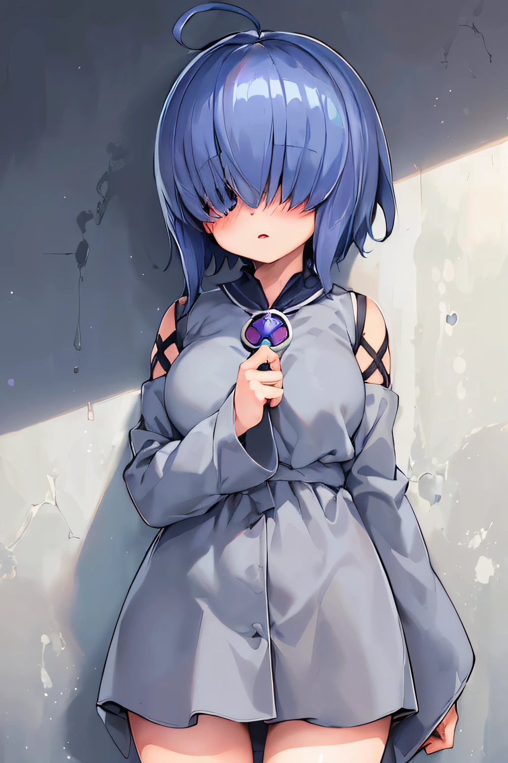 (masterpiece, best quality), 1girl, Mekakure, blush, hair over eyes, short hair, ahoge, blue hair, covered eyes