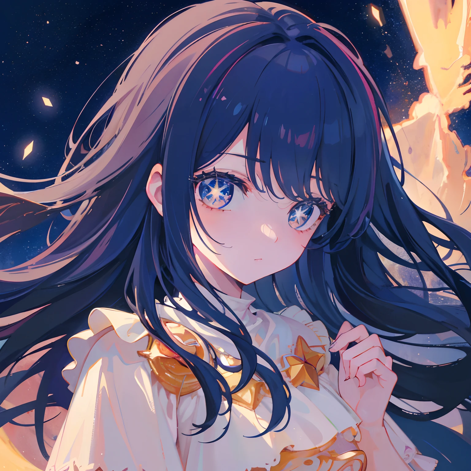 {{Best quality}, {tmasterpiece}, {{ultra - detailed}, illustration), {Detailed light}, {Extremely Delicately Beautiful), A girl, {Beautiful detailed eyes}, Stars in Eyes, messy hair, Colored inner hair, Starry sky adorns hair, Depth of field