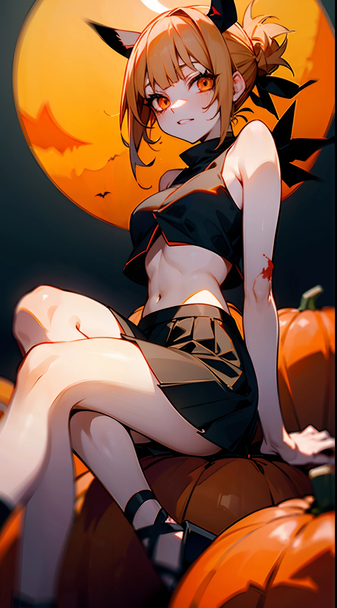 Halloween Himiko toga, bats around her, blood moon, sitting on a pumpkin, black short skirt, see through white crop top, mischievous smirk, nsfw