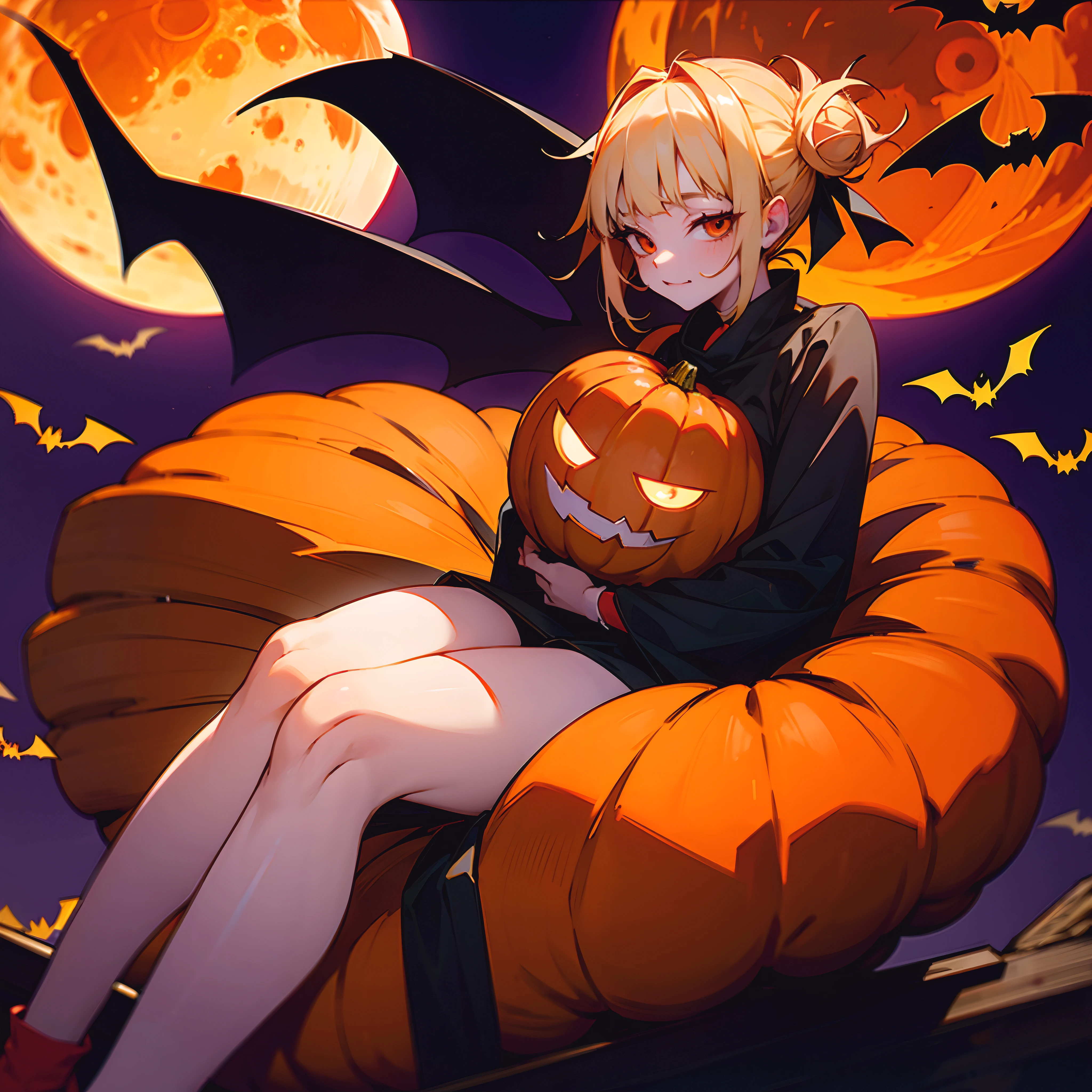 Halloween Himiko toga, holding a pumpkin, bats around her, blood moon, sitting on a large pumpkin