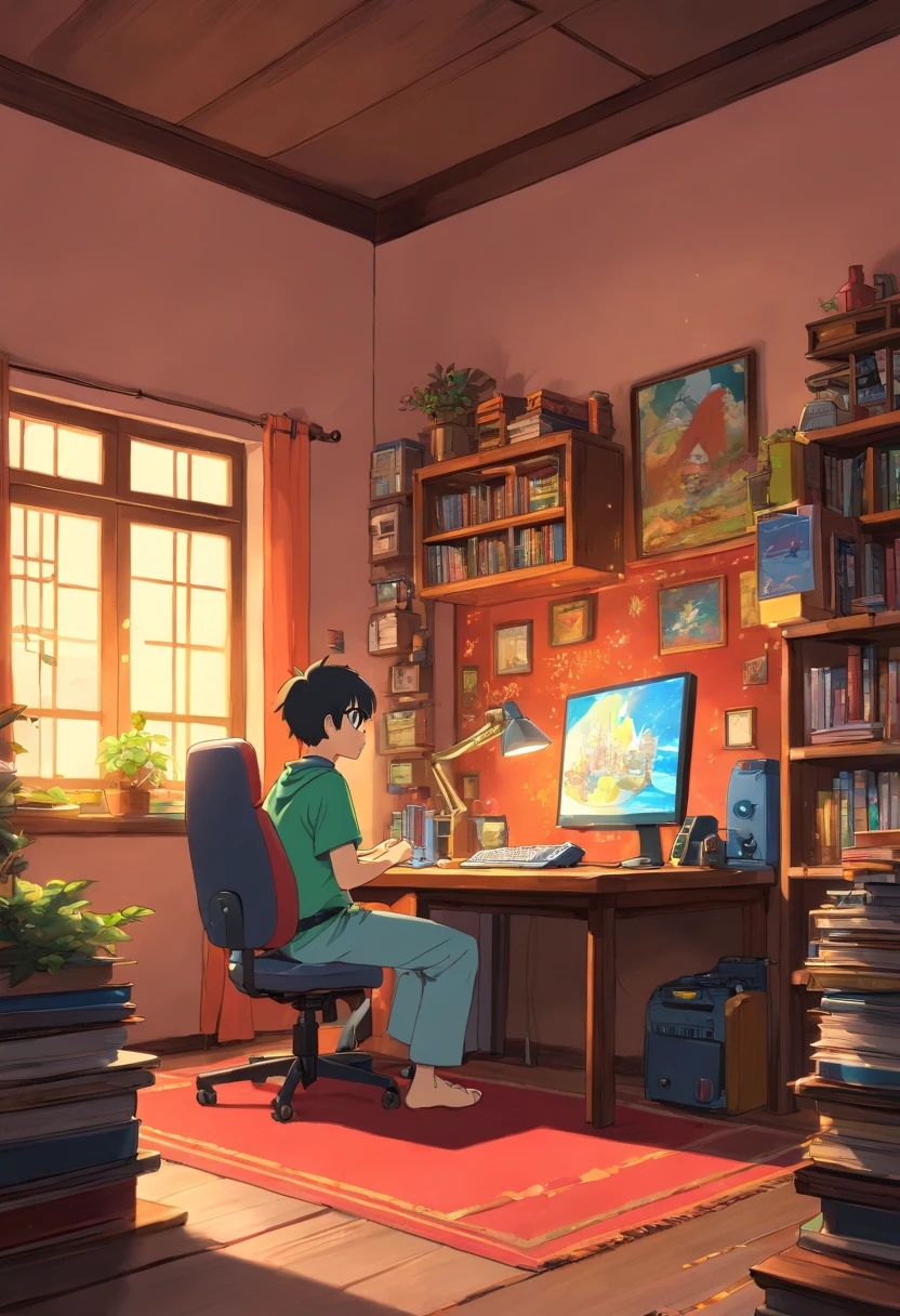 (master part) um (macho) estudando sentado em seu quarto, com seu redset, quarto inteiro com porta mesa de computador, sobre sua mesa, com fones de ouvido ligados, nerd décor, videogame na parede, Posters, janela mostrando a lua e as estrelas, calmo, em paz, pensante, cinemactic, color grading, lindamente codificado por cores,