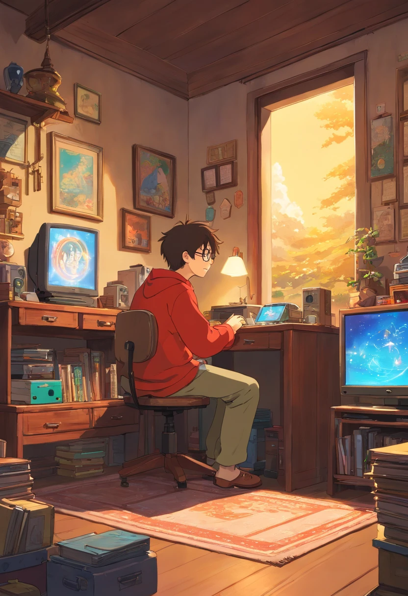 (master part) um menino (macho) estudando sentado em seu quarto, com seu redset, quarto inteiro com porta mesa de computador, sobre sua mesa, com fones de ouvido ligados, nerd décor, videogame na parede, Posters, janela mostrando a lua e as estrelas, calmo, em paz, pensante, cinemactic, color grading, lindamente codificado por cores,