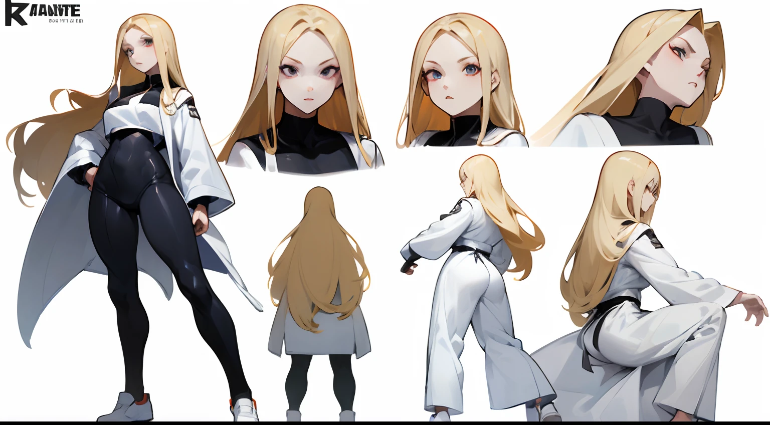 Girl with long thin blonde hair, White Skin Skin, Slim, beatiful face, ((busty)), wearing a black swinsuit underneath a white karate robe, white sneakers, fighting game character, Full-length, Front, Side, Back Views, (full body), ((Character Sheet)), ((several poses and expressions)), white background,