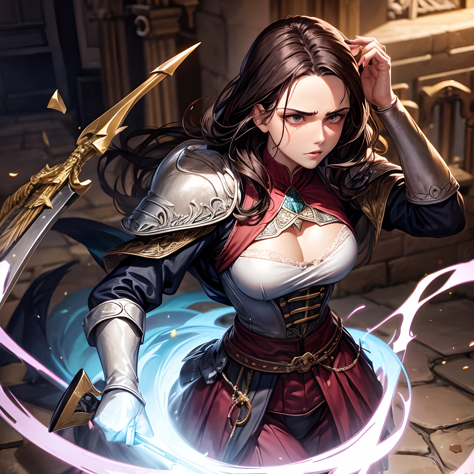 personagem feminina, corpo inteiro, guerreira medieval, machado de guerra
