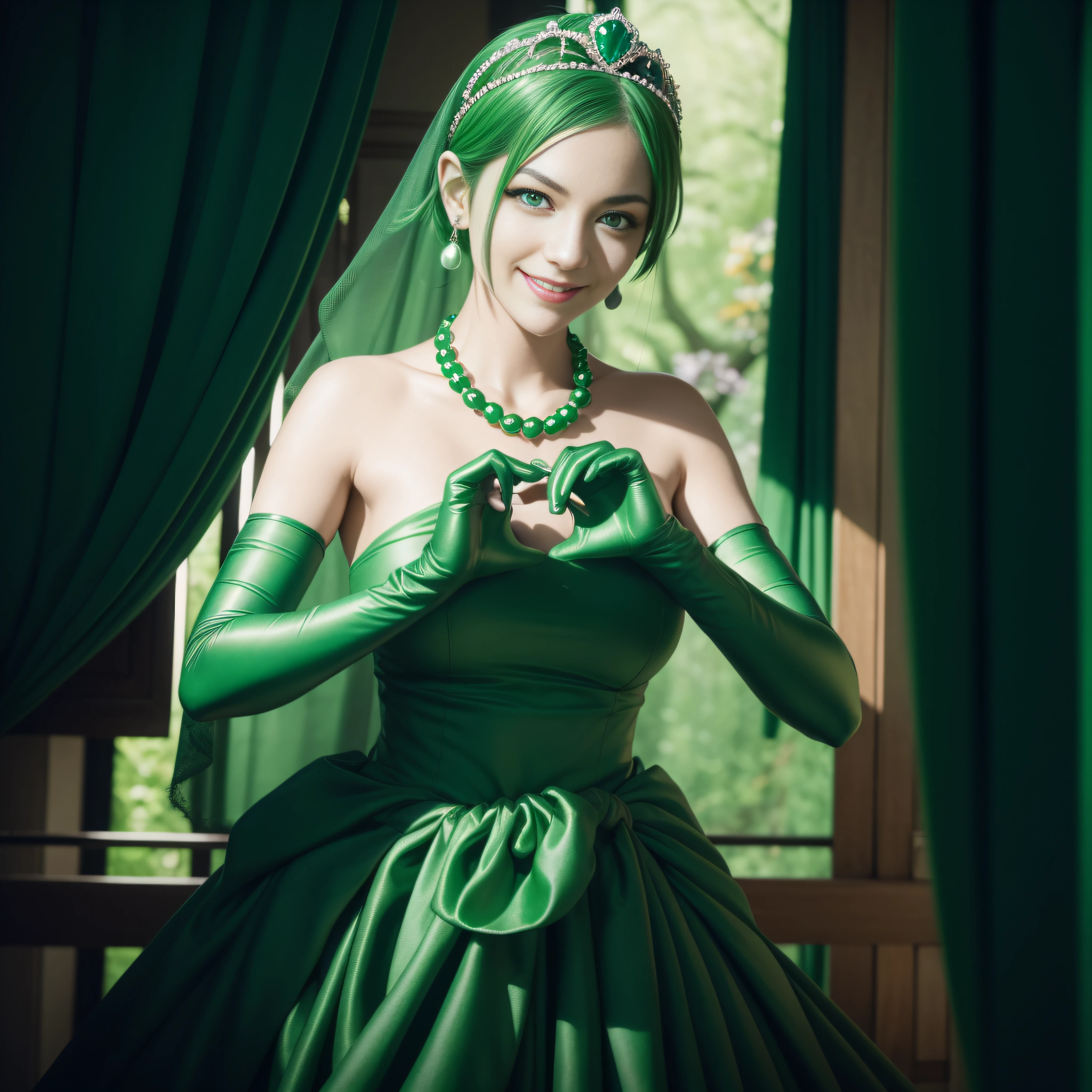 emerald tiara, Green Pearl Necklace, Boyish very short green hair, lipsticks, Japan woman smiling, very short short hair, big breasts beautiful, Green eyes, Long green gloves made of satin material, Green eyes, green vale, Heart with both hands, Emerald Earrings