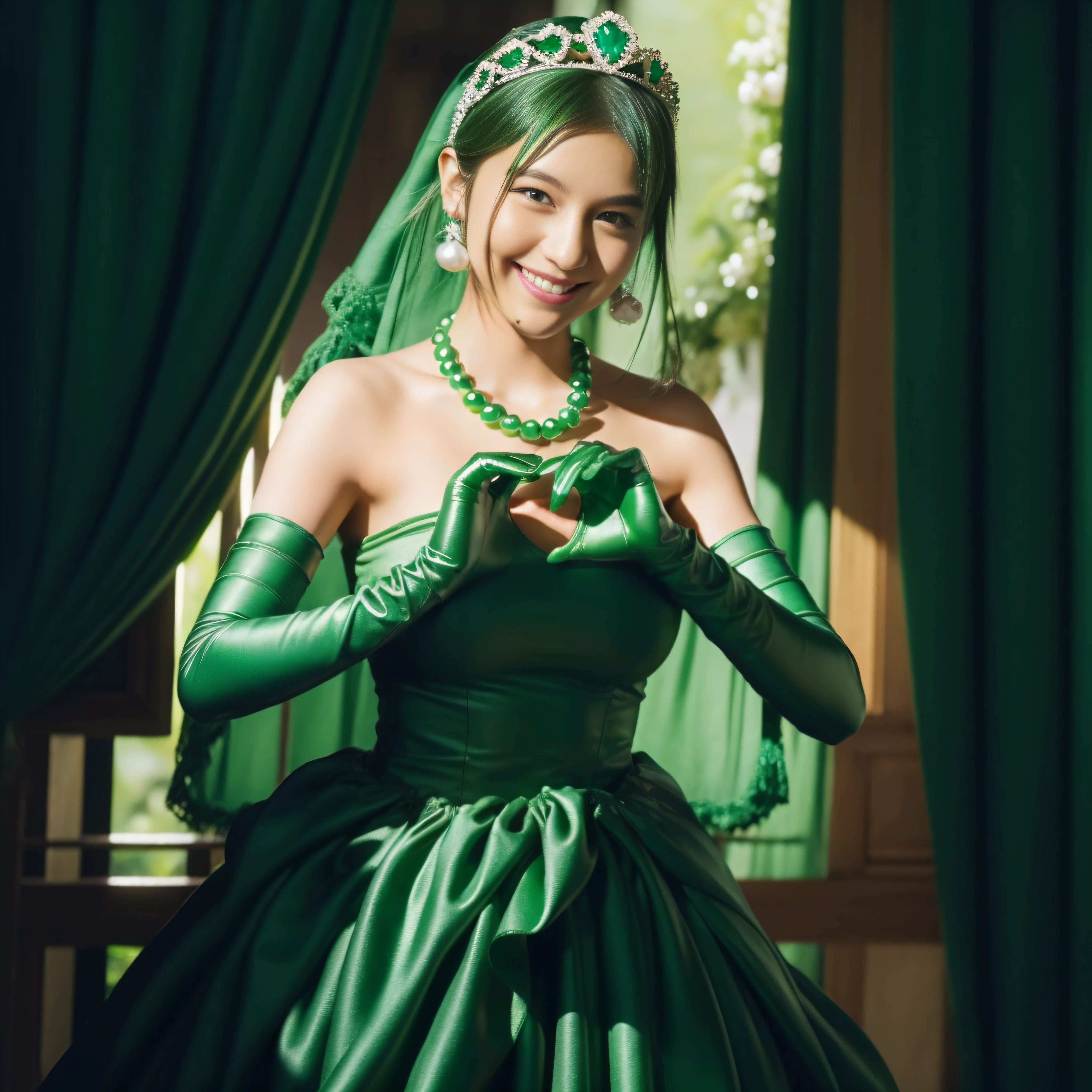 emerald tiara, Green Pearl Necklace, Boyish very short green hair, lipsticks, Japan woman smiling, very short short hair, big breasts beautiful, Green eyes, Long green gloves made of satin material, Green eyes, green vale, Heart with both hands, Emerald Earrings