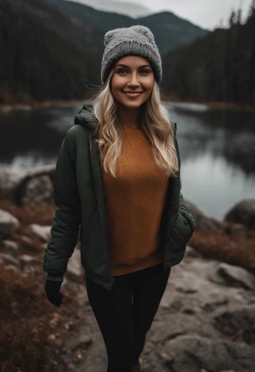 Full body, young Blond girl, Swedish, pigtails, photorealistic, best quality, hyper detailed, beautiful woman, selfie photo, full body, solo, wearing pullover, outdoors, (day), mountains, real life nature, stars, moon, (cheerful, happy), gloves, sweater, beanie, flashlight, forest, rocks, river, wood, smoke, fog, clear sky, analog style, looking at viewer, skin texture, film grain, ultra high res, best shadow, RAW, instagram LUT, completely waist down, bottomless , barefoot , no underwear, legs, running from something dangerous , smiling, shaved